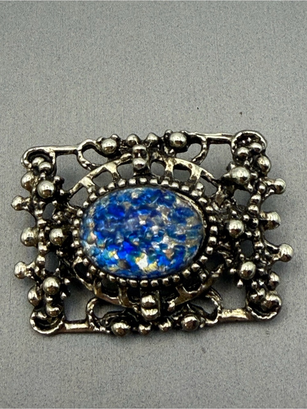 Blue Confetti Opal-Effect Filigree Brooch Vintage
